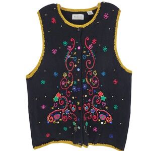 Westbound Vintage Christmas Sweater Vest XL Black Sequin Embroidered Gold Trim